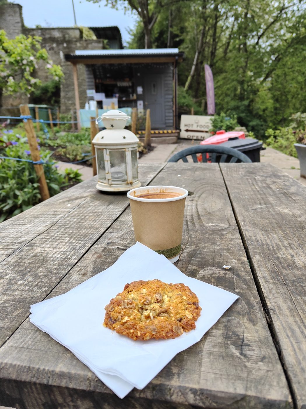 A cookie and a coffee on a wooden garden table
